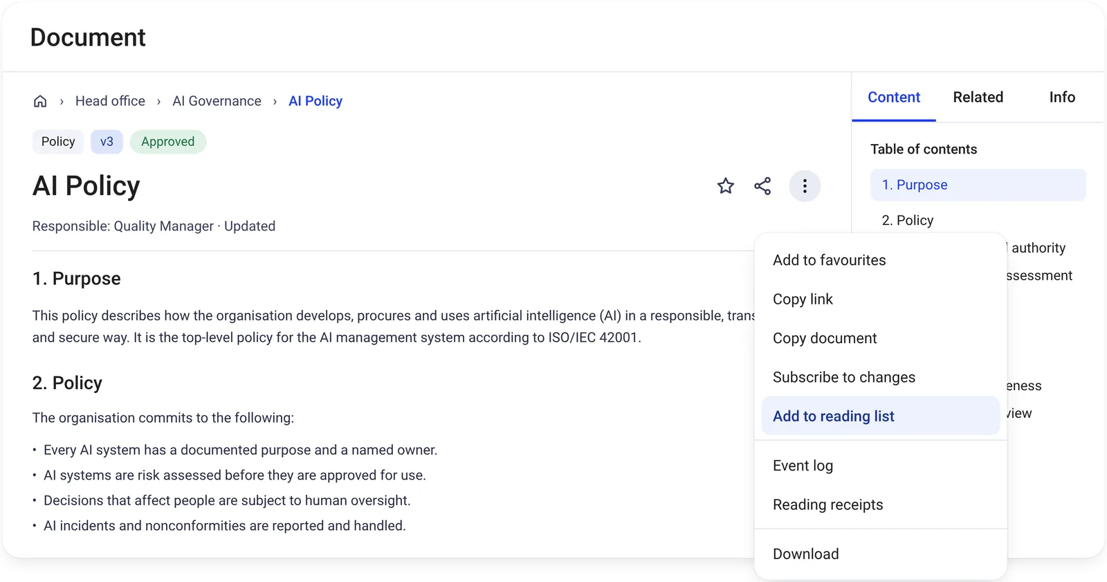 An approved AI policy open in Certain QMS, with table of contents and document menu