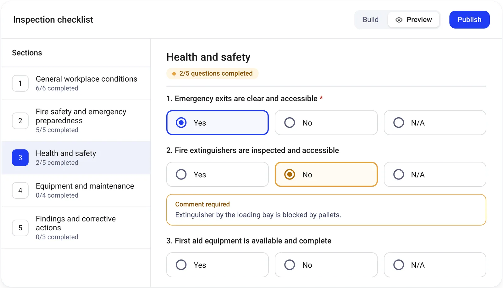 An inspection checklist being filled in in Certain QMS, with sections and Yes/No/N/A answers